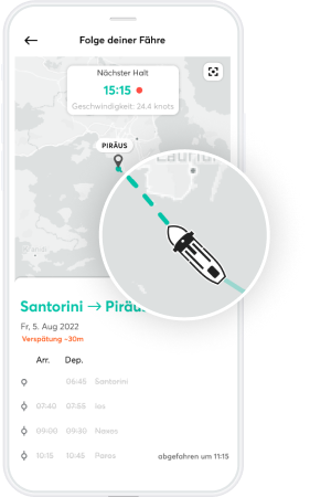 Ein Smartphone-Screen zeigt das Live-Tracking-Feature für Fähren der Ferryhopper App