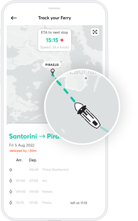 Mobile phone screen showing the ferry tracking feature on the Ferryhopper App