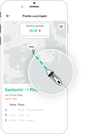 Zaslon mobilnog telefona koji prikazuje značajku praćenja trajekta u aplikaciji Ferryhopper