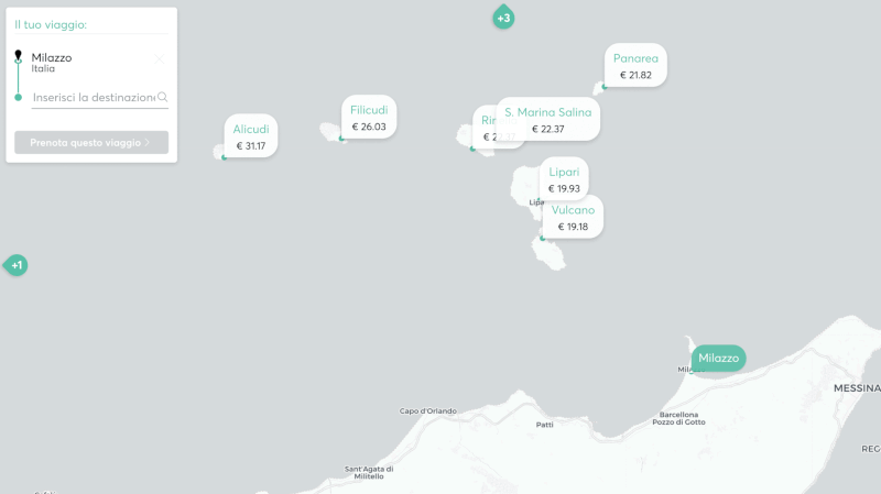 Selezione dei porti di partenza e di arrivo sulla mappa dei traghetti di Ferryhopper
