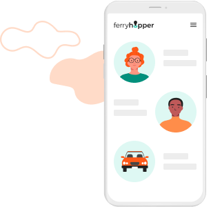 Illustrations of two people and a car displayed on a mobile phone