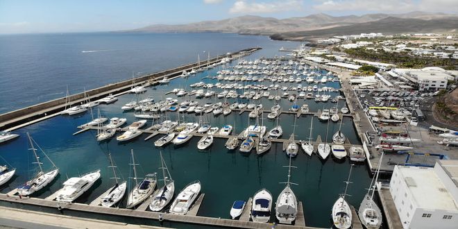 The marina of Puerto Calero with anchored boats, in Lanzarote, Canary Islands, Spain