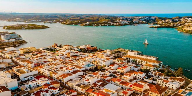 Aerial view of Es Castell, a picturesque coastal town in Menorca, Spain