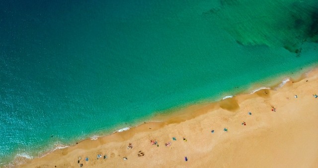 Aerial view of Las Conchas beach in La Graciosa, Canary Islands, Spain