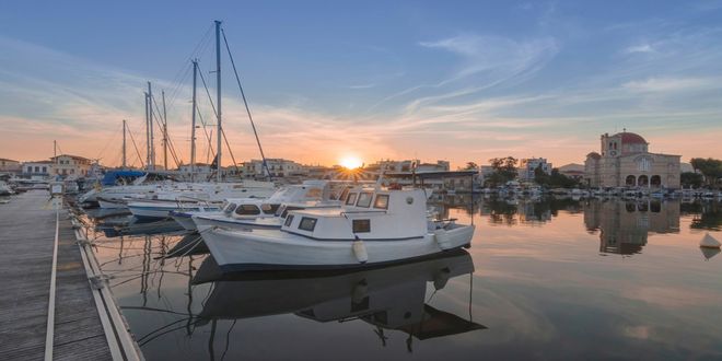 The port of Aegina at sunset, Greece