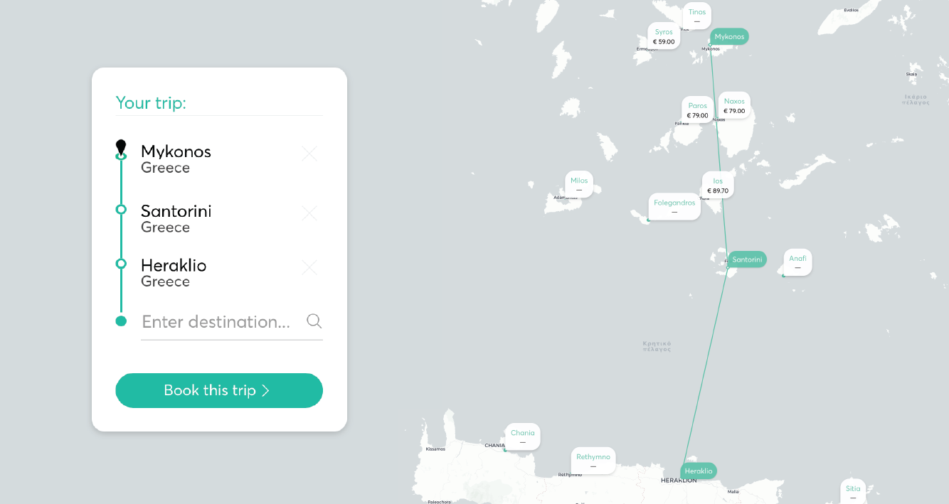 Greek ferry routes map by Ferryhopper showing connections between Mykonos, Santorini and Crete