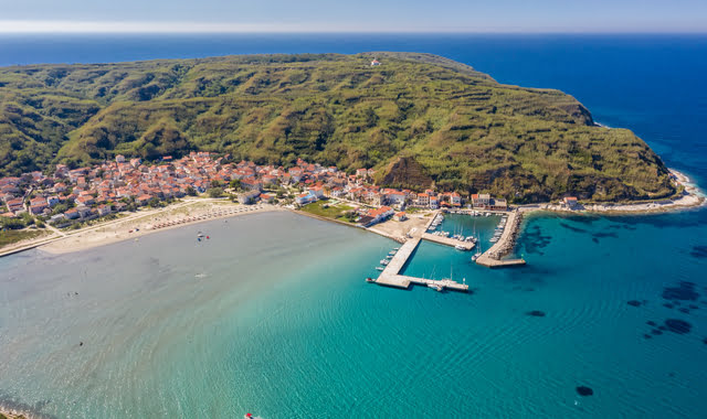 Panoramic view of the green island of Susak and its port, Croatia