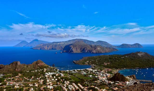 View of the Aeolian archipelago from a viewpoint on the island of Vulcano, Italy