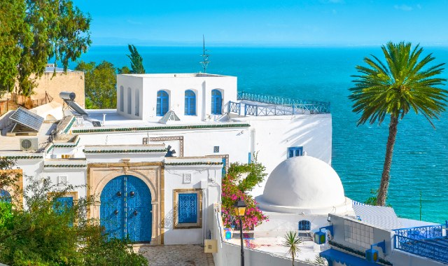 Sea view from the blue and white houses in the village of Sidi Bou Said, near Tunis