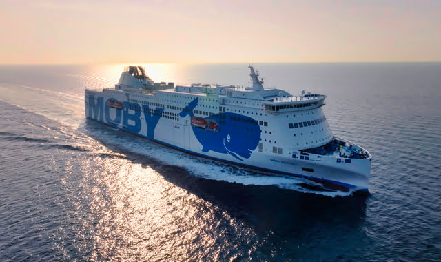 The "Moby Fantasy” ferry sailing to Olbia, in Sardinia, at the first light of dawn