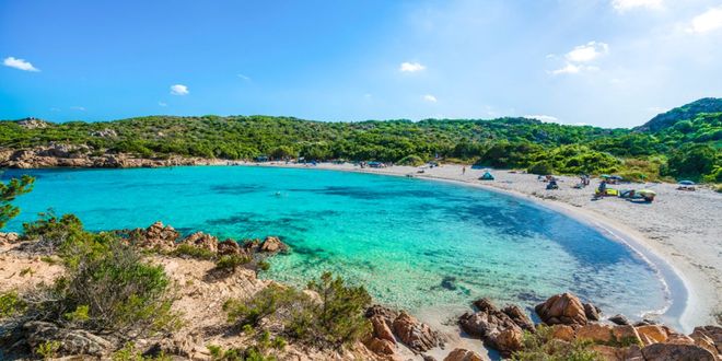 View of Spiaggia del Principe on the Emerald Coast in eastern Sardinia, Italy