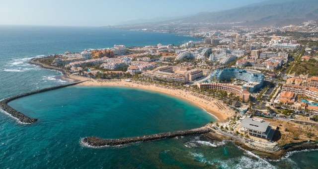 The town and beach of Los Cristianos in Tenerife, Canary Islands, Spain