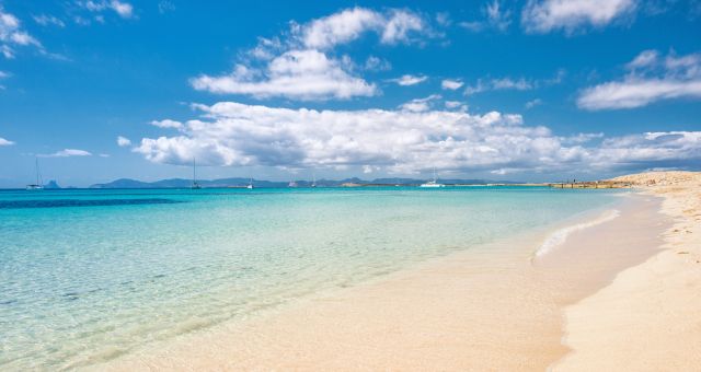 View of Ses Illetes beach in Formentera, Balearic Islands, Spain