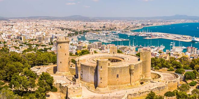 Bellver Castle overlooking the Port of Palma de Mallorca, Balearic Islands, Spain